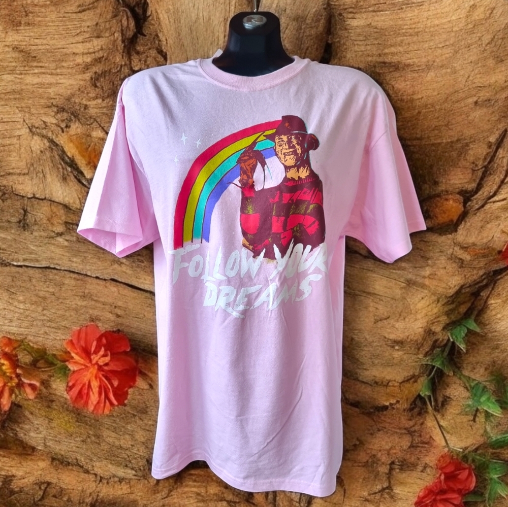 🆕️ A Nightmare on Elm Street Pink "Follow Your Dreams"Graphic Tee with Rainbow